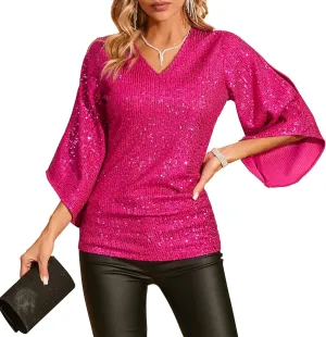 Sequin Tops for Women 3/4 Sleeve Blouse for Women Dressy Sparkly Tops V Neck Outfits for Party Glitter Tops