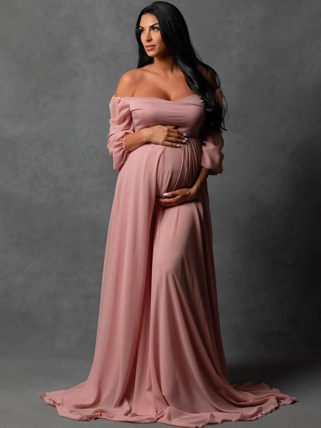 Sevintage Maternity Dress for Photoshoot Long Sleeve Chiffon Elegant Pregnancy Dresses Baby Shower Gowns