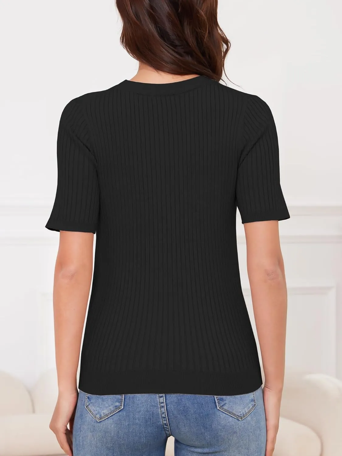Short Sleeve Sweaters for Women Lightweight Ribbed Sweater Tops Crewneck Knit Tops