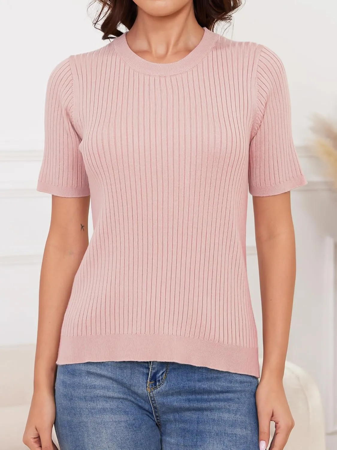 Short Sleeve Sweaters for Women Lightweight Ribbed Sweater Tops Crewneck Knit Tops