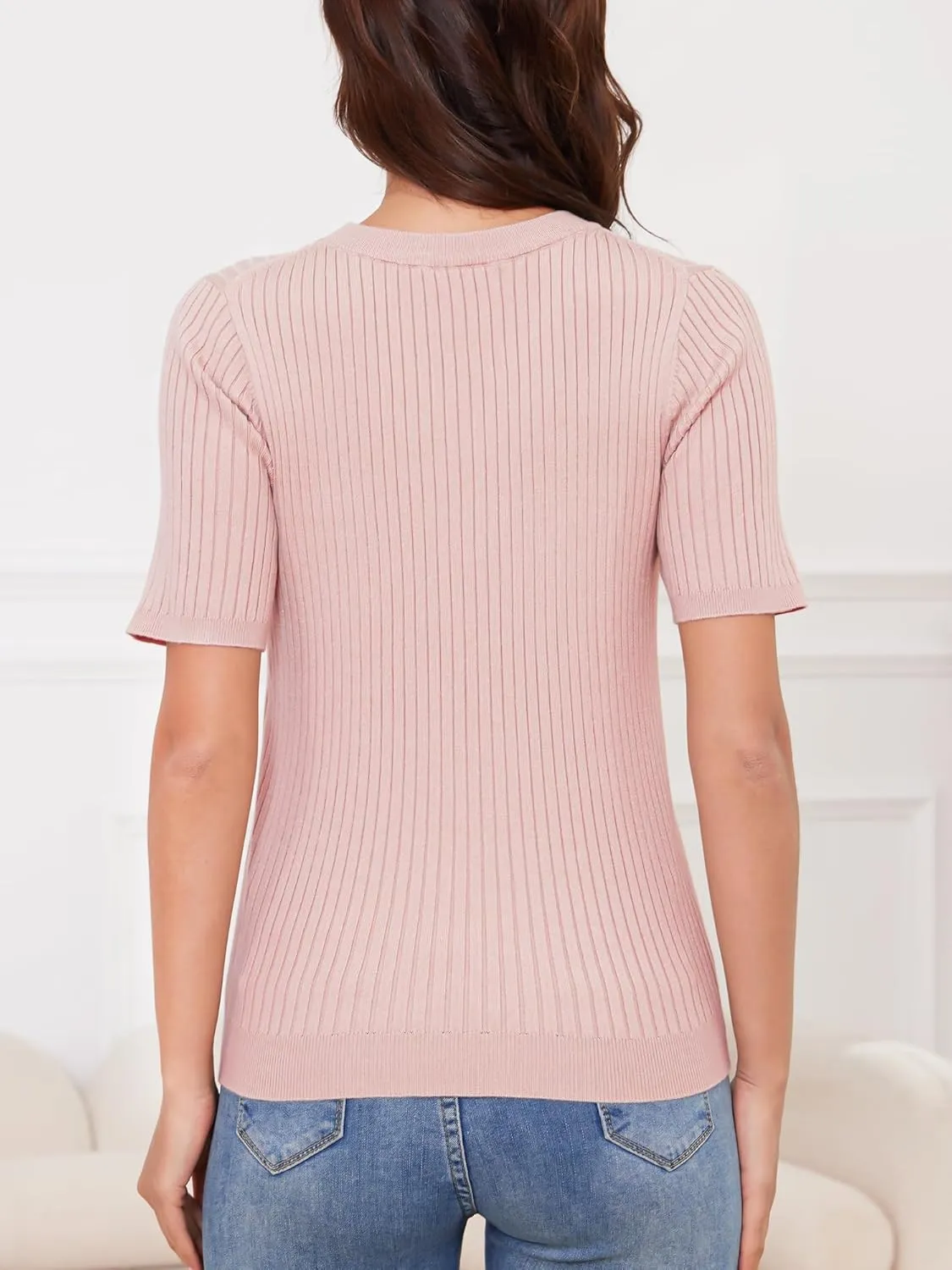 Short Sleeve Sweaters for Women Lightweight Ribbed Sweater Tops Crewneck Knit Tops