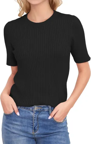 Short Sleeve Sweaters for Women Lightweight Ribbed Sweater Tops Crewneck Knit Tops