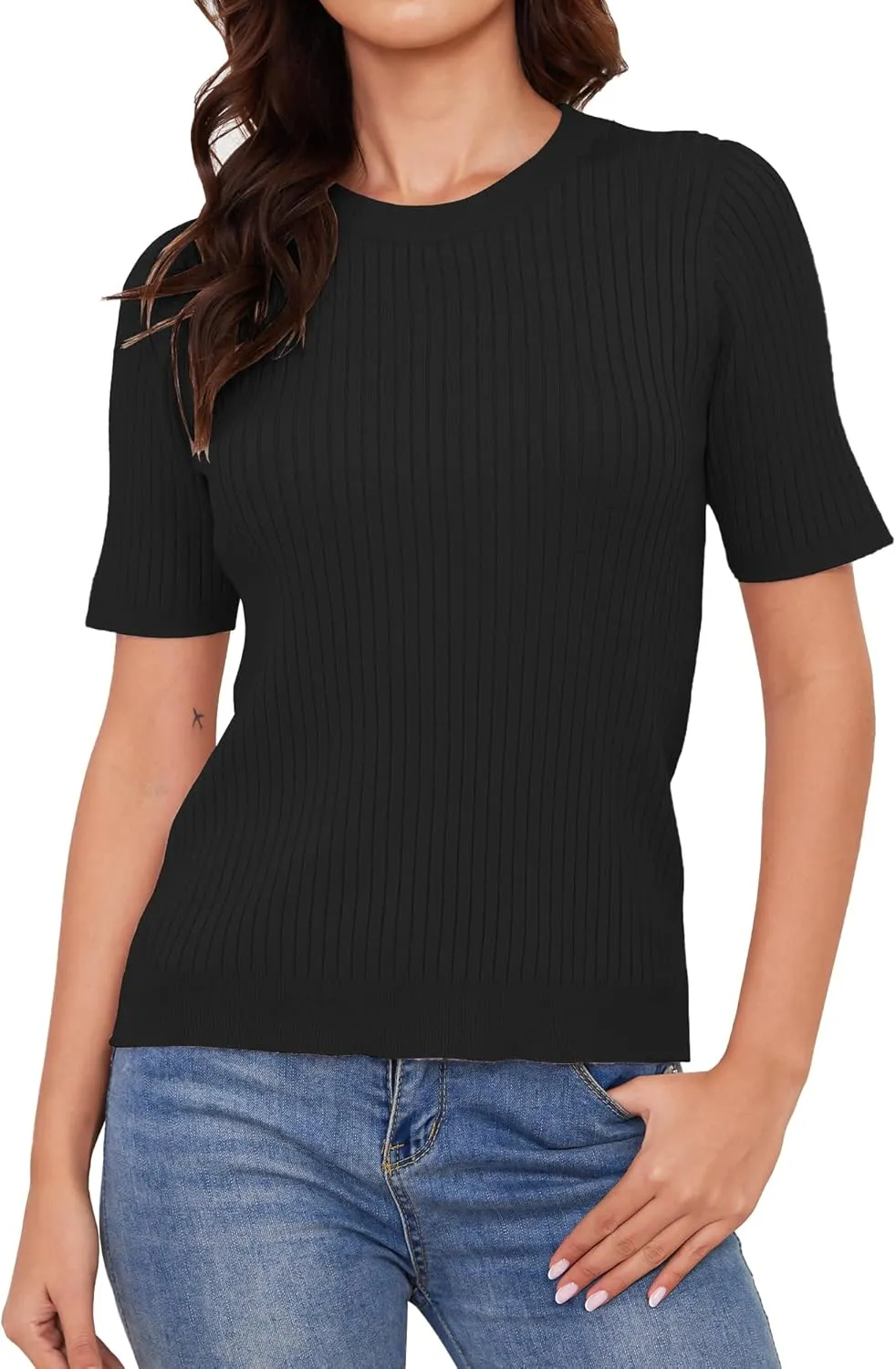 Short Sleeve Sweaters for Women Lightweight Ribbed Sweater Tops Crewneck Knit Tops