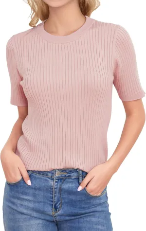 Short Sleeve Sweaters for Women Lightweight Ribbed Sweater Tops Crewneck Knit Tops