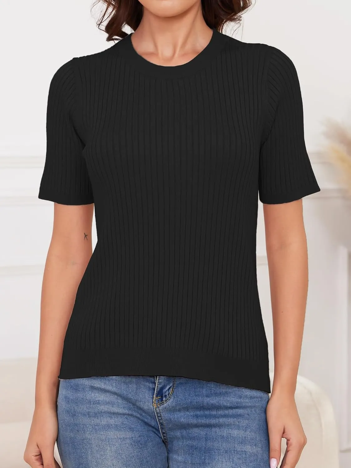 Short Sleeve Sweaters for Women Lightweight Ribbed Sweater Tops Crewneck Knit Tops