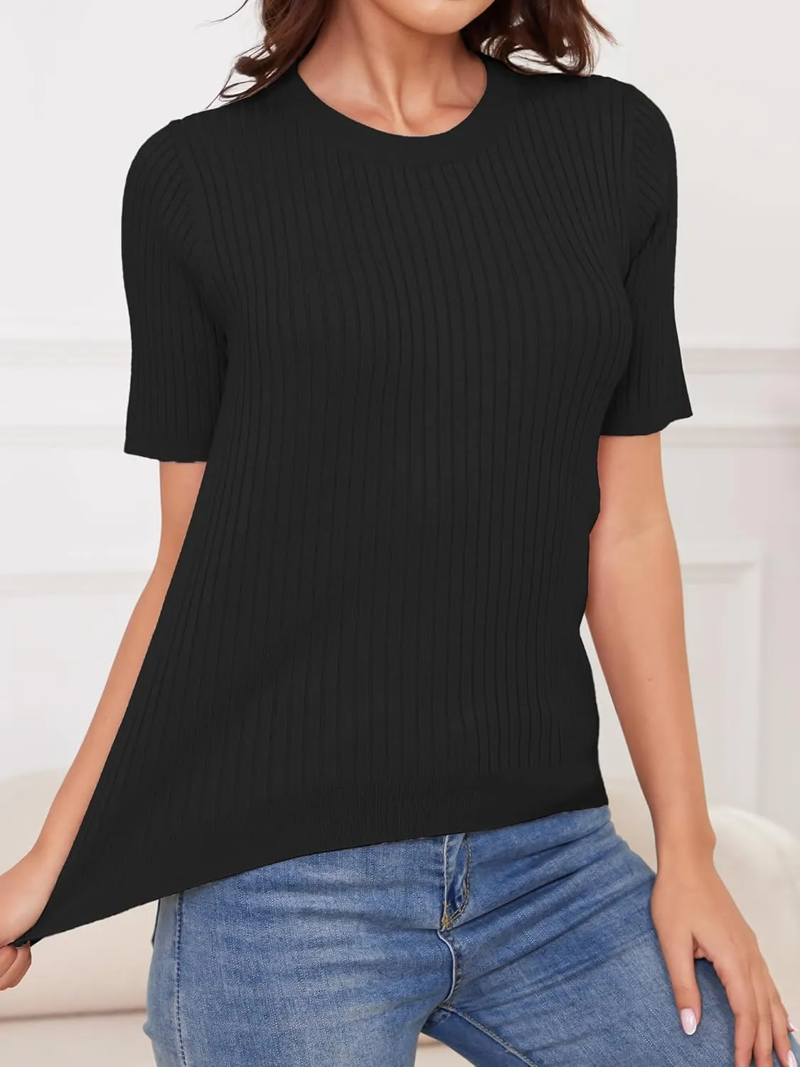 Short Sleeve Sweaters for Women Lightweight Ribbed Sweater Tops Crewneck Knit Tops
