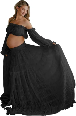 SHSUREVE 2 Piece Maternity Dresses for Photoshoot Off Shoulder Boho Pregnancy Gowns Baby Shower Dress