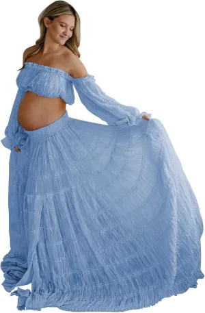 SHSUREVE 2 Piece Maternity Dresses for Photoshoot Off Shoulder Boho Pregnancy Gowns Baby Shower Dress
