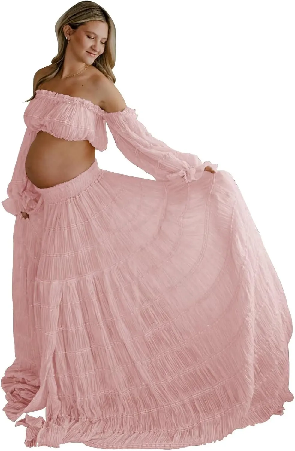 SHSUREVE 2 Piece Maternity Dresses for Photoshoot Off Shoulder Boho Pregnancy Gowns Baby Shower Dress
