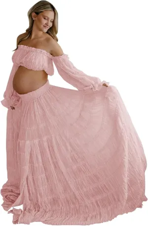 SHSUREVE 2 Piece Maternity Dresses for Photoshoot Off Shoulder Boho Pregnancy Gowns Baby Shower Dress