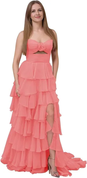 SHSUREVE Tiered Strapless Prom Dresses with Slit Long A Line Ruffle Chiffon Formal Evening Gowns for Women