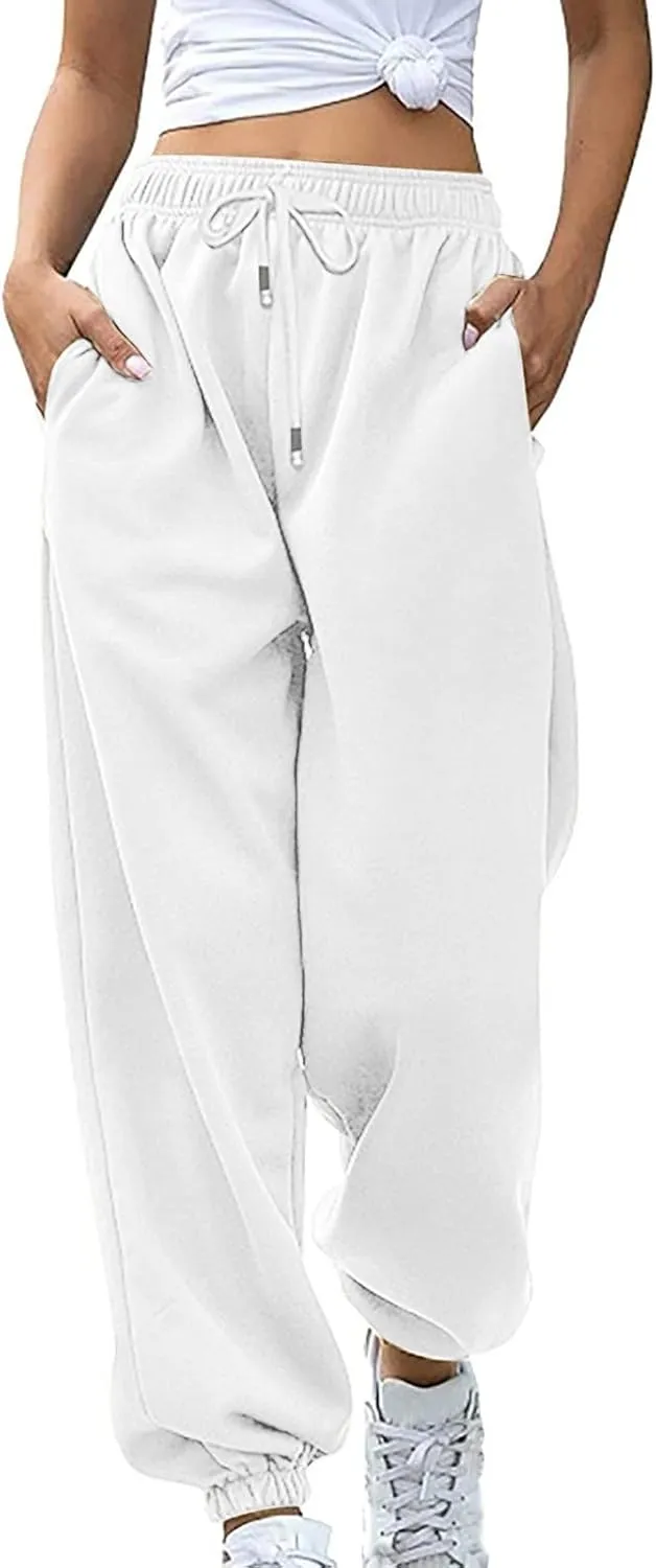SMIDOW Womens Pockets High Waisted Sweatpants Workout Active Joggers Pants Baggy Drawstring Lounge Bottoms Trousers