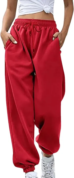 SMIDOW Womens Pockets High Waisted Sweatpants Workout Active Joggers Pants Baggy Drawstring Lounge Bottoms Trousers