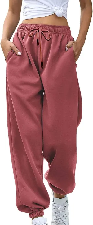 SMIDOW Womens Pockets High Waisted Sweatpants Workout Active Joggers Pants Baggy Drawstring Lounge Bottoms Trousers