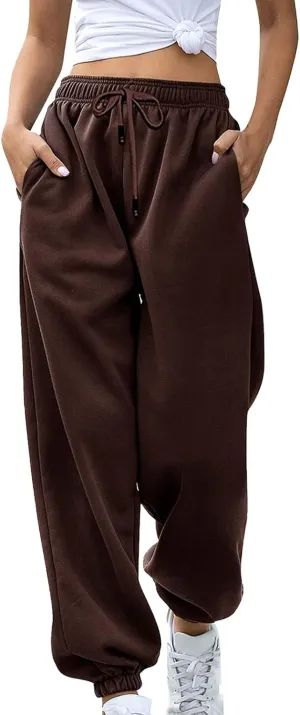 SMIDOW Womens Pockets High Waisted Sweatpants Workout Active Joggers Pants Baggy Drawstring Lounge Bottoms Trousers
