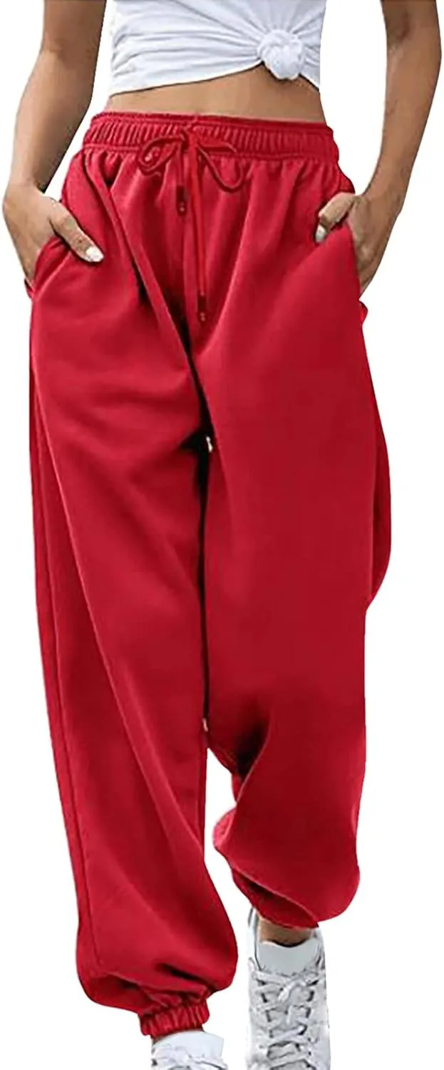 SMIDOW Womens Pockets High Waisted Sweatpants Workout Active Joggers Pants Baggy Drawstring Lounge Bottoms Trousers