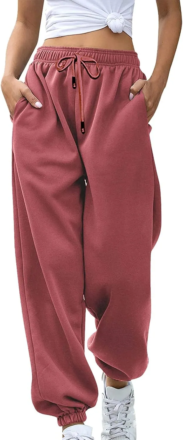 SMIDOW Womens Pockets High Waisted Sweatpants Workout Active Joggers Pants Baggy Drawstring Lounge Bottoms Trousers