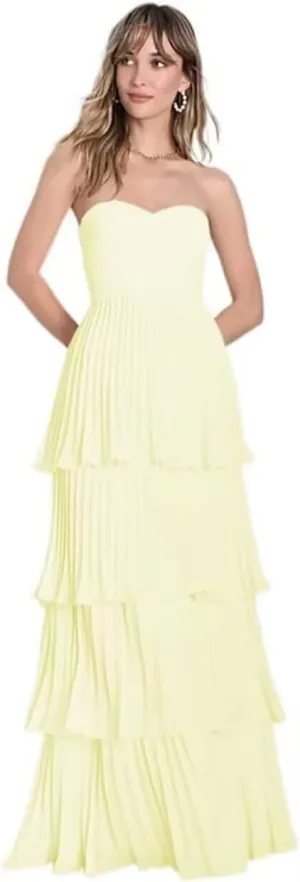 Strapless Prom Dresses for Women 2025 Tiered Bridesmaids Dresses Chiffon Ruffle Sweetheart Formal Party Gown