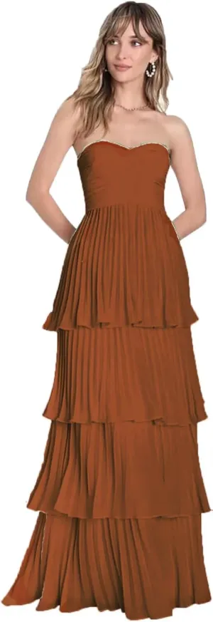 Strapless Prom Dresses for Women 2025 Tiered Bridesmaids Dresses Chiffon Ruffle Sweetheart Formal Party Gown