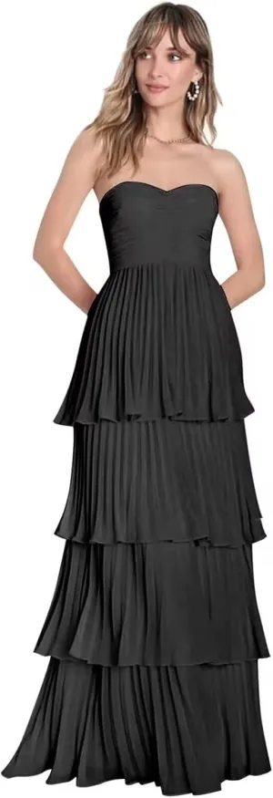 Strapless Prom Dresses for Women 2025 Tiered Bridesmaids Dresses Chiffon Ruffle Sweetheart Formal Party Gown