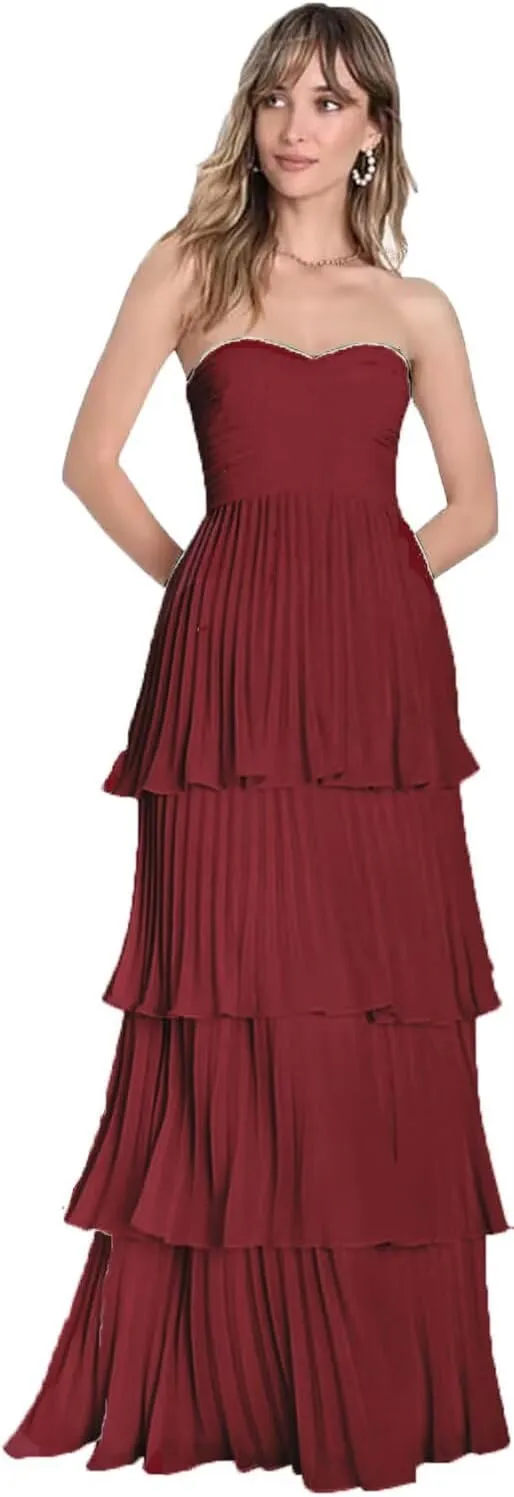 Strapless Prom Dresses for Women 2025 Tiered Bridesmaids Dresses Chiffon Ruffle Sweetheart Formal Party Gown