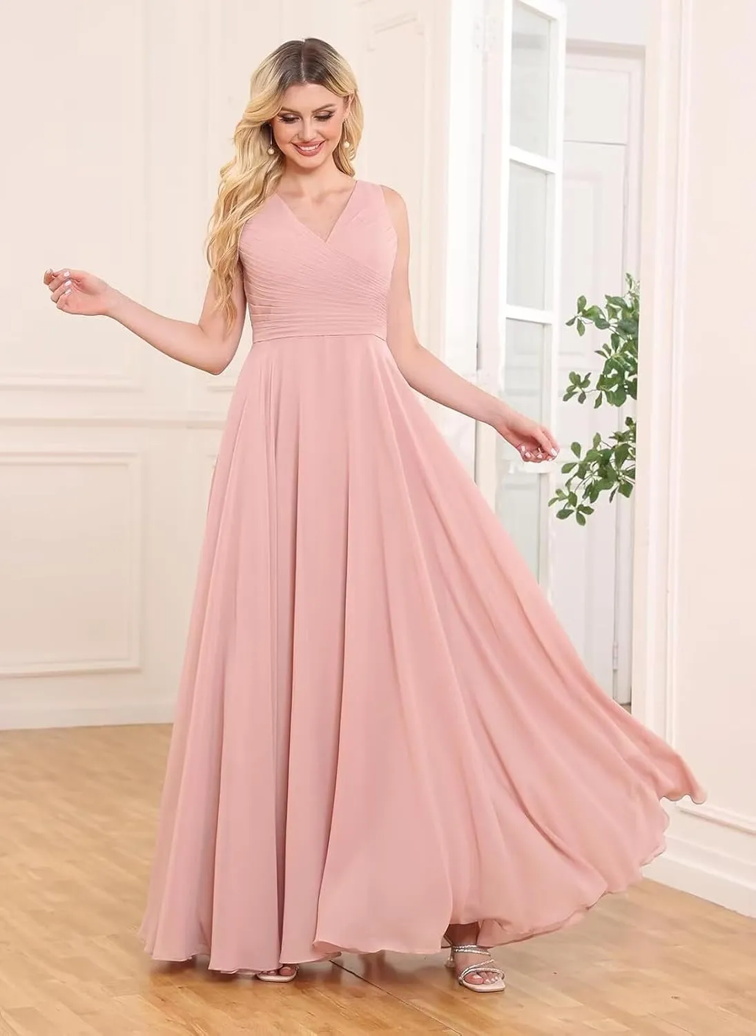 Sukleet Chiffon Bridesmaid Dresses Long for Women A Line Ruched Formal Porm Evening Gowns