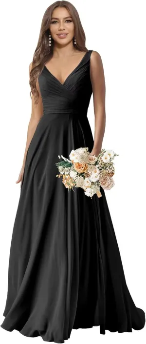 Sukleet Chiffon Bridesmaid Dresses Long for Women A Line Ruched Formal Porm Evening Gowns