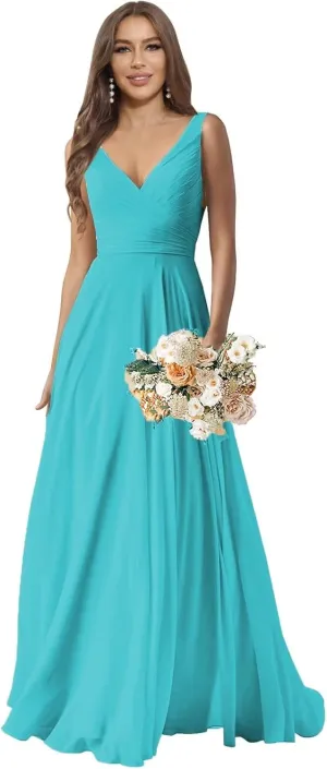 Sukleet Chiffon Bridesmaid Dresses Long for Women A Line Ruched Formal Porm Evening Gowns