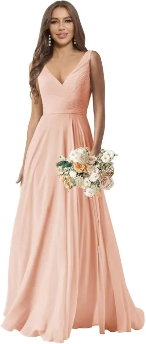 Sukleet Chiffon Bridesmaid Dresses Long for Women A Line Ruched Formal Porm Evening Gowns