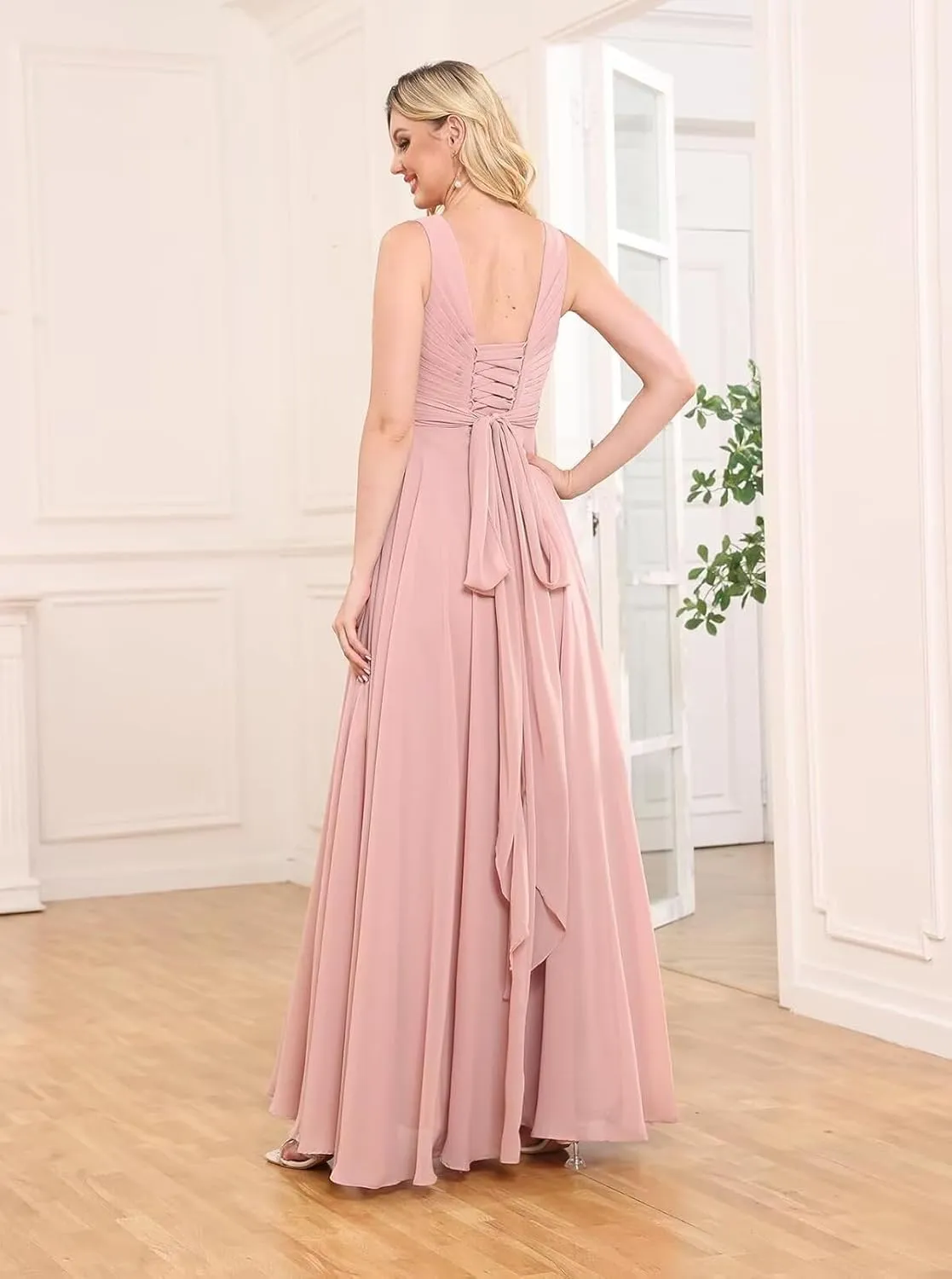 Sukleet Chiffon Bridesmaid Dresses Long for Women A Line Ruched Formal Porm Evening Gowns