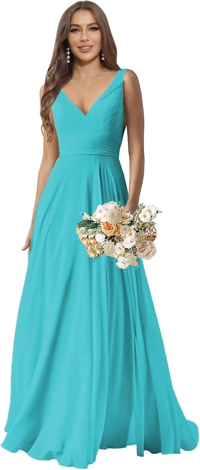 Sukleet Chiffon Bridesmaid Dresses Long for Women A Line Ruched Formal Porm Evening Gowns