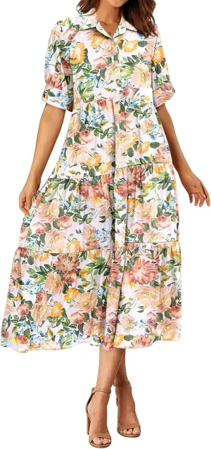 Summer Dresses for Women 2025 Button Down Coolared Shirts Maxi Dress Boho Floral Sundress with Pocket Maxi