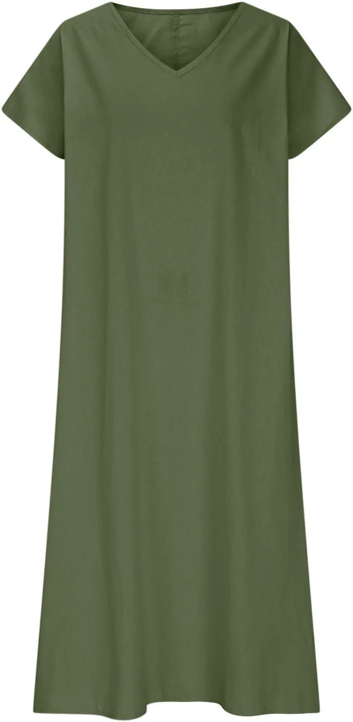 Summer Dresses for Women 2025 Vacation Boho Linen Flowy Dress Casual Short Sleeve v Neck T Shirt Maxi Beach Sundress