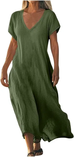 Summer Dresses for Women 2025 Vacation Boho Linen Flowy Dress Casual Short Sleeve v Neck T Shirt Maxi Beach Sundress