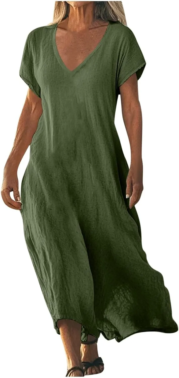 Summer Dresses for Women 2025 Vacation Boho Linen Flowy Dress Casual Short Sleeve v Neck T Shirt Maxi Beach Sundress