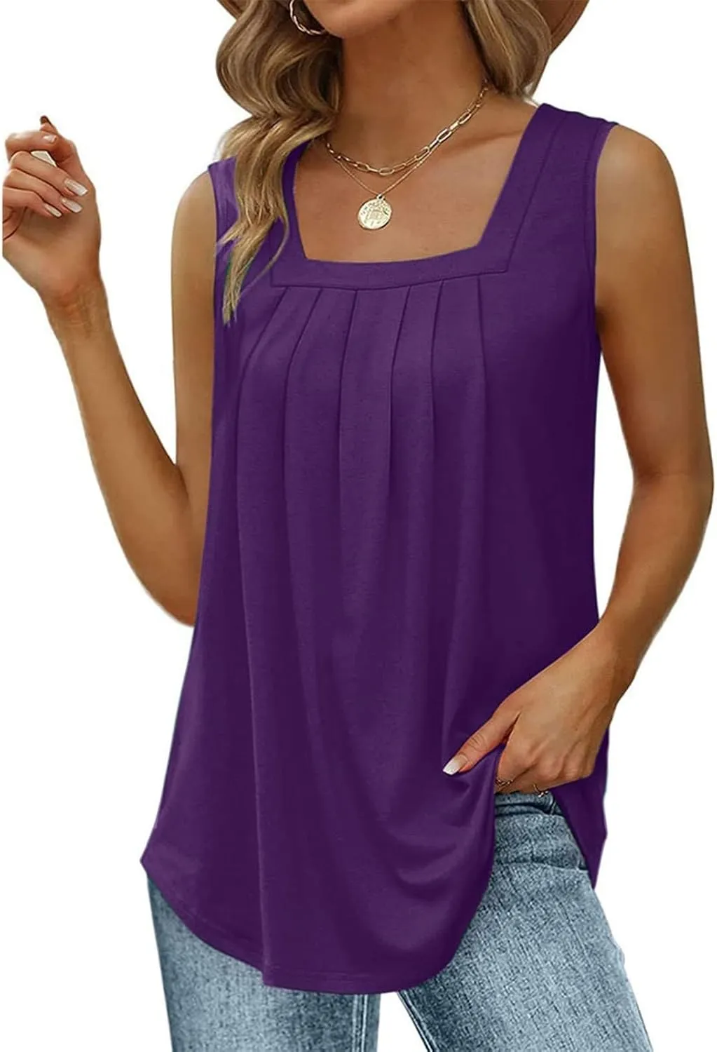 Summer Going Out Tank Tops for Women 2025 Loose Fit Pleated Square Neck Sleeveless Shirt Curved Hem Flowy Vest Basic