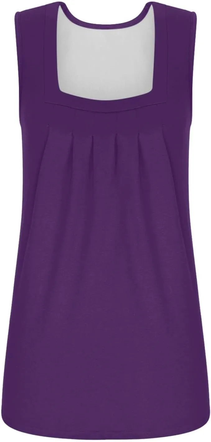 Summer Going Out Tank Tops for Women 2025 Loose Fit Pleated Square Neck Sleeveless Shirt Curved Hem Flowy Vest Basic