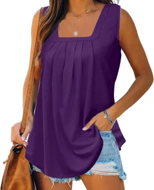 Summer Going Out Tank Tops for Women 2025 Loose Fit Pleated Square Neck Sleeveless Shirt Curved Hem Flowy Vest Basic