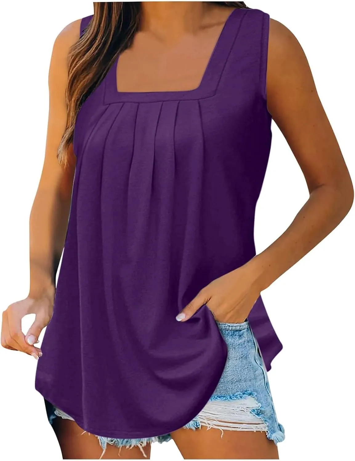 Summer Going Out Tank Tops for Women 2025 Loose Fit Pleated Square Neck Sleeveless Shirt Curved Hem Flowy Vest Basic