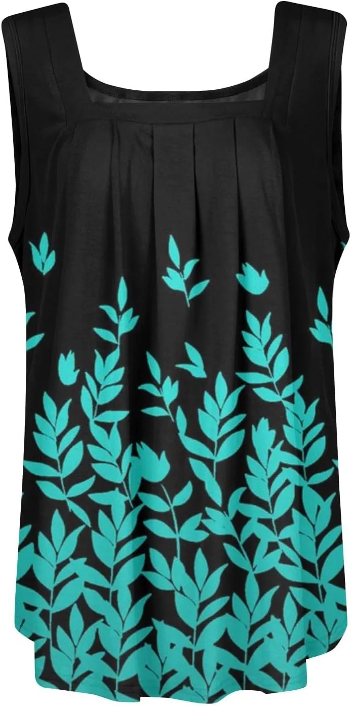 Summer Tank Tops for Women Loose Fit Pleated Square Neck Sleeveless Tops Plus Size Curved Hem Flowy Tops 2025