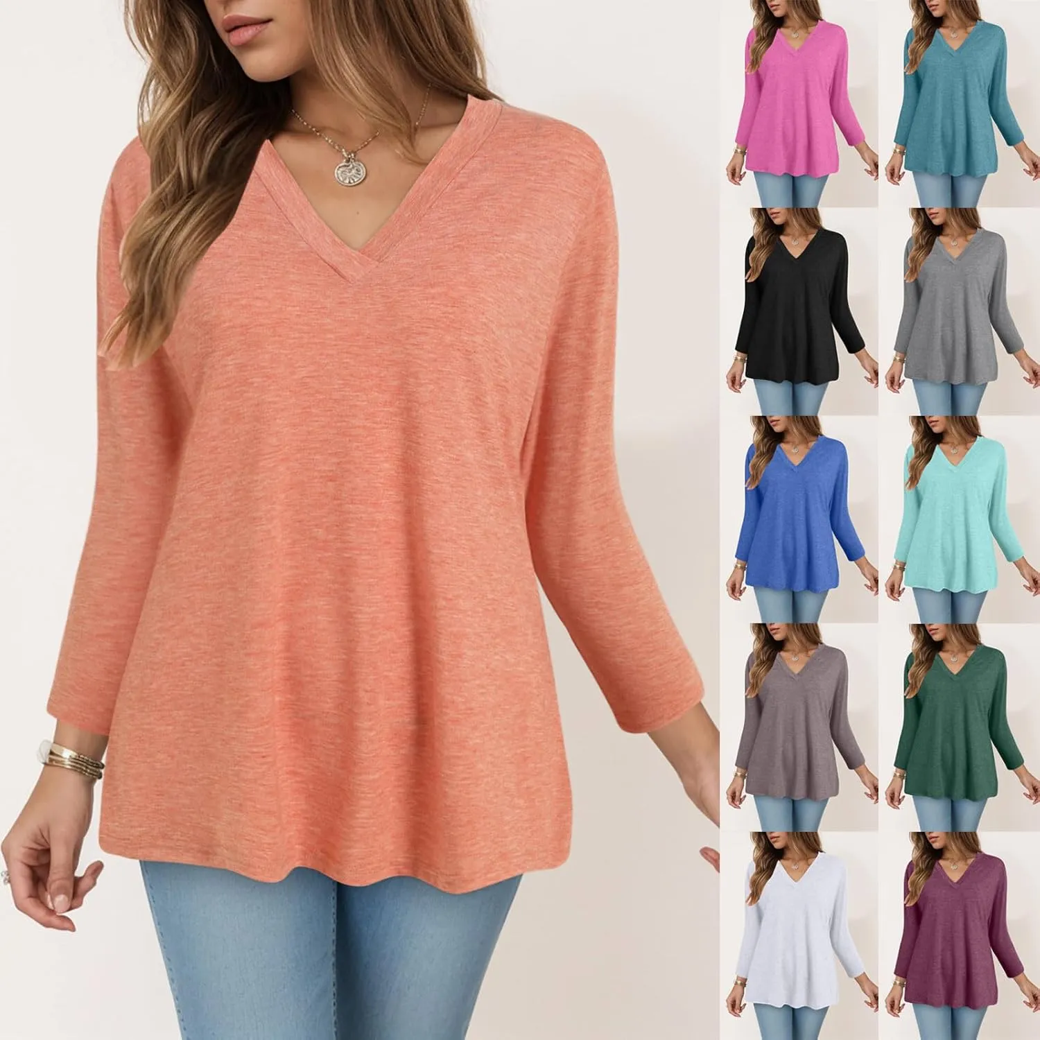 Summer Tops for Women 2025 3/4 Sleeve V Neck Shirts Casual Tunic Tops Fashion Cute Blouse Loose Basic Tops