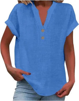 Summer Tops for Women 2025 Trendy Short Sleeve Cotton Linen Tops Button up Henley V Neck Shirts Vacation Beach Clothes