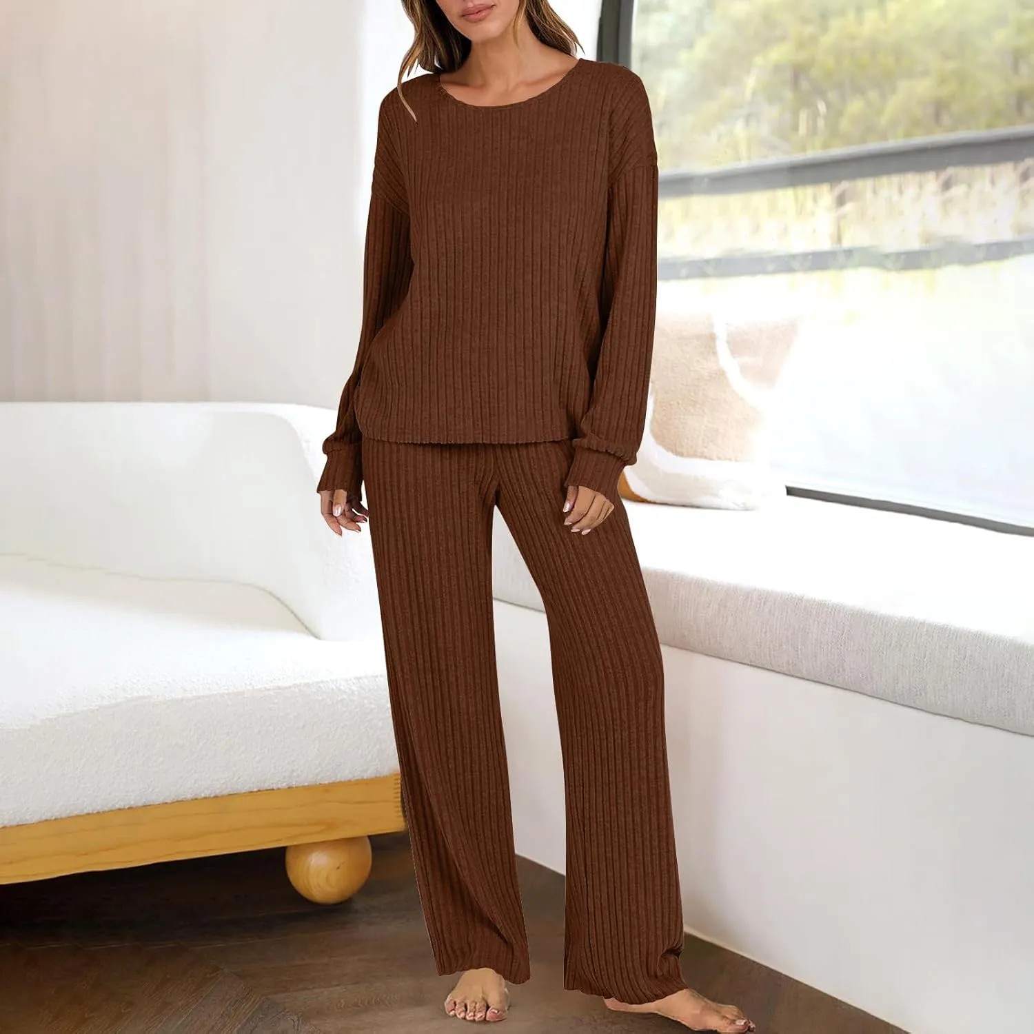 Sweater Sets for Women Rib Knit Long Sleeve Tops Wide Leg Pants 2 Piece Lounge Set Pajama Sleep Loungewear Set