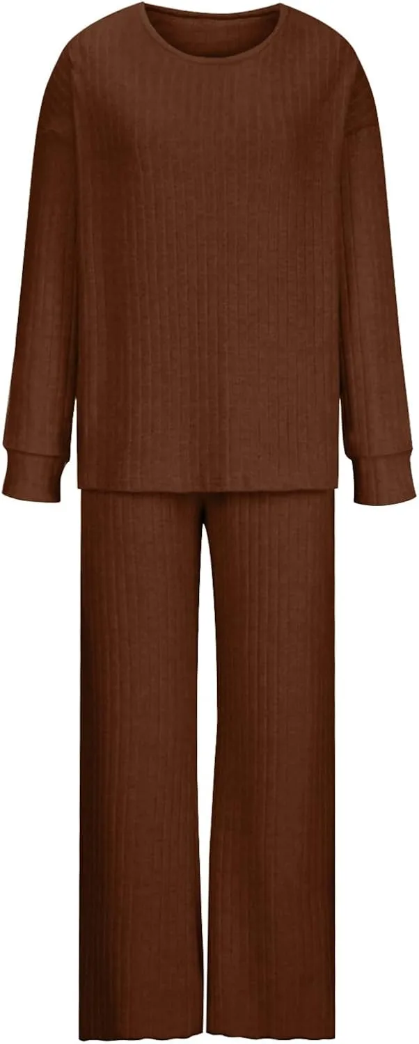 Sweater Sets for Women Rib Knit Long Sleeve Tops Wide Leg Pants 2 Piece Lounge Set Pajama Sleep Loungewear Set