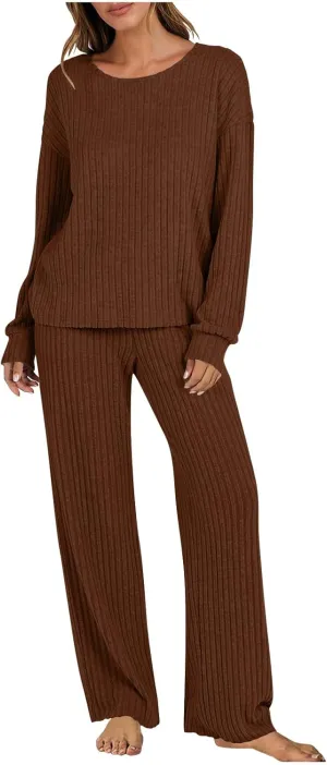 Sweater Sets for Women Rib Knit Long Sleeve Tops Wide Leg Pants 2 Piece Lounge Set Pajama Sleep Loungewear Set