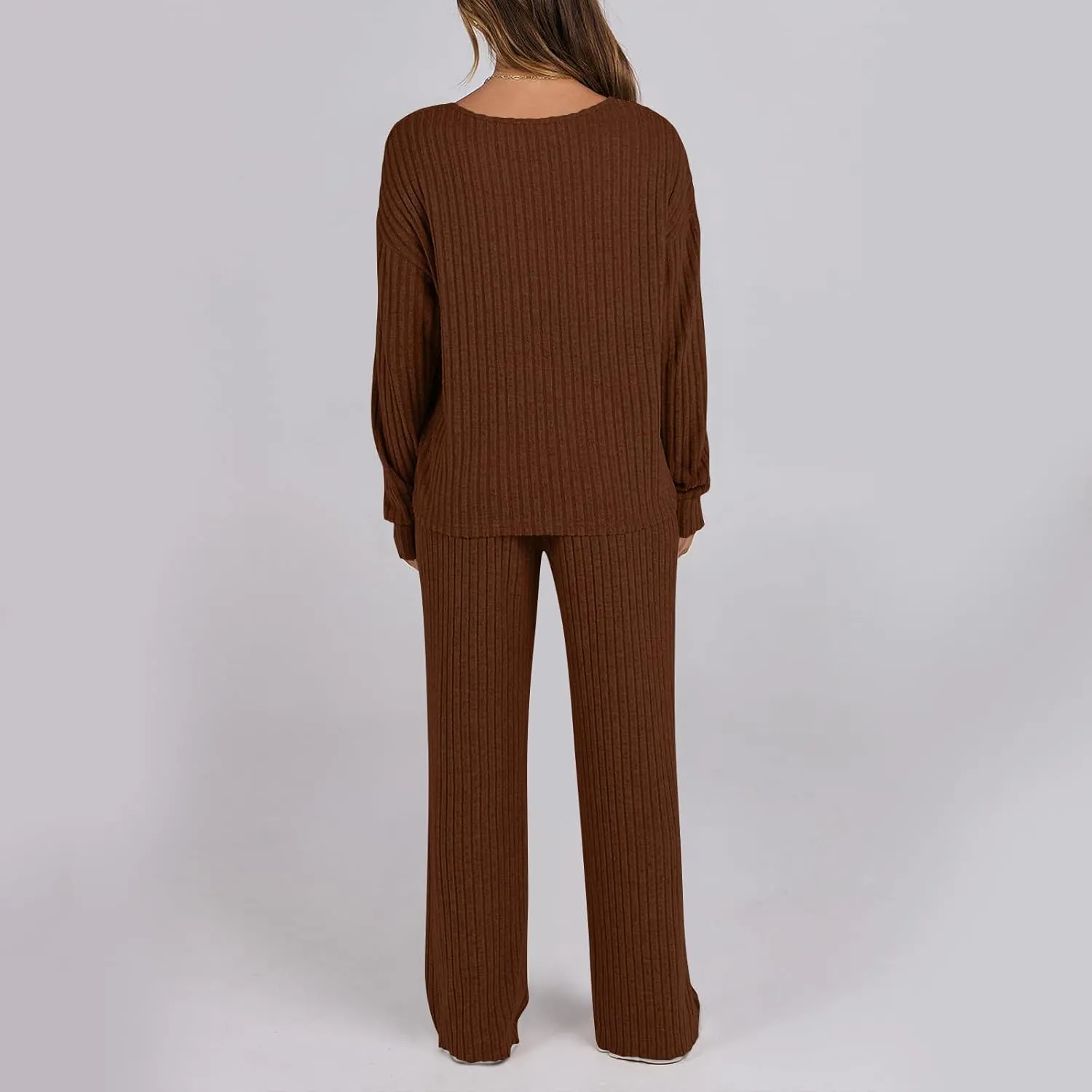 Sweater Sets for Women Rib Knit Long Sleeve Tops Wide Leg Pants 2 Piece Lounge Set Pajama Sleep Loungewear Set