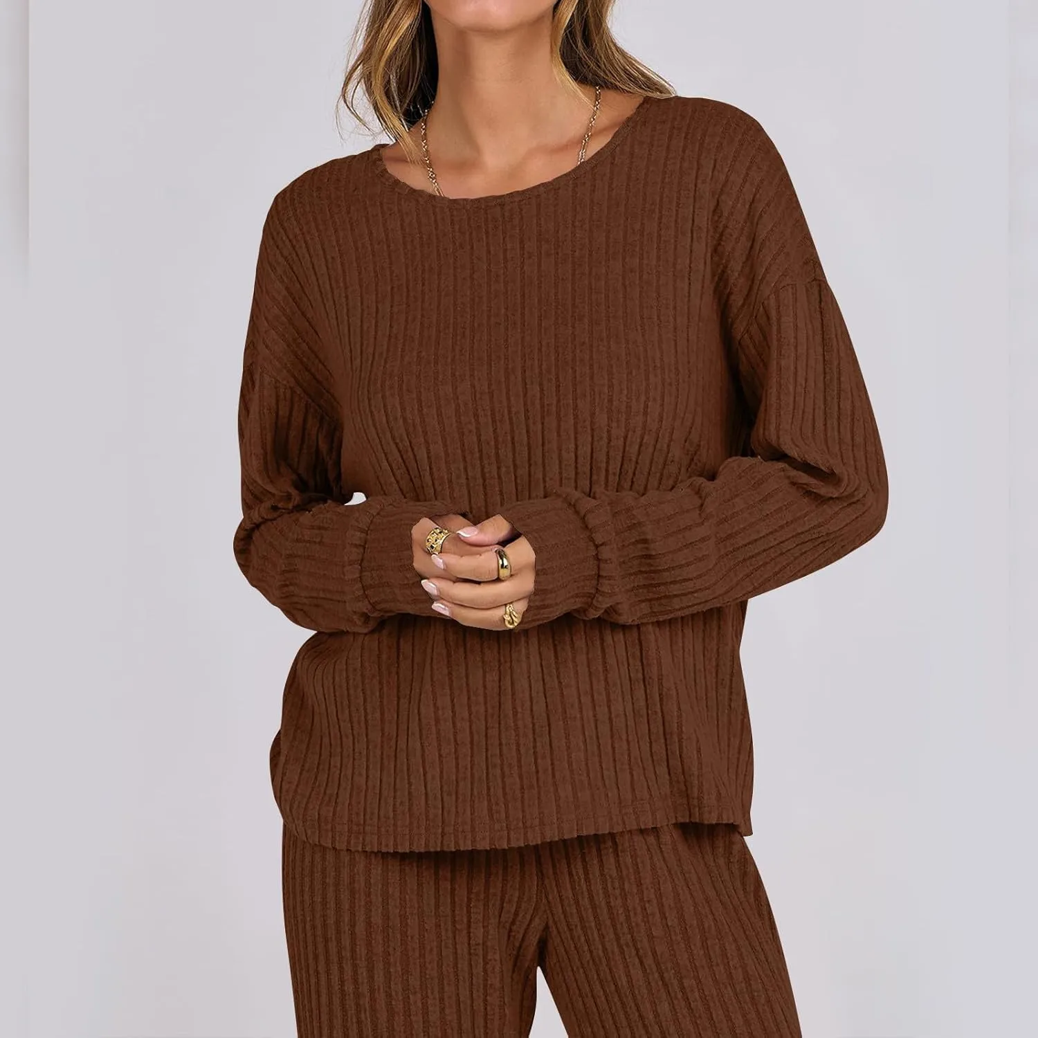 Sweater Sets for Women Rib Knit Long Sleeve Tops Wide Leg Pants 2 Piece Lounge Set Pajama Sleep Loungewear Set