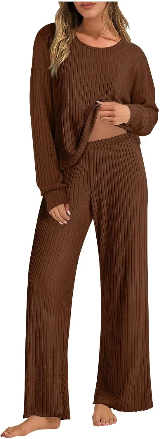 Sweater Sets for Women Rib Knit Long Sleeve Tops Wide Leg Pants 2 Piece Lounge Set Pajama Sleep Loungewear Set