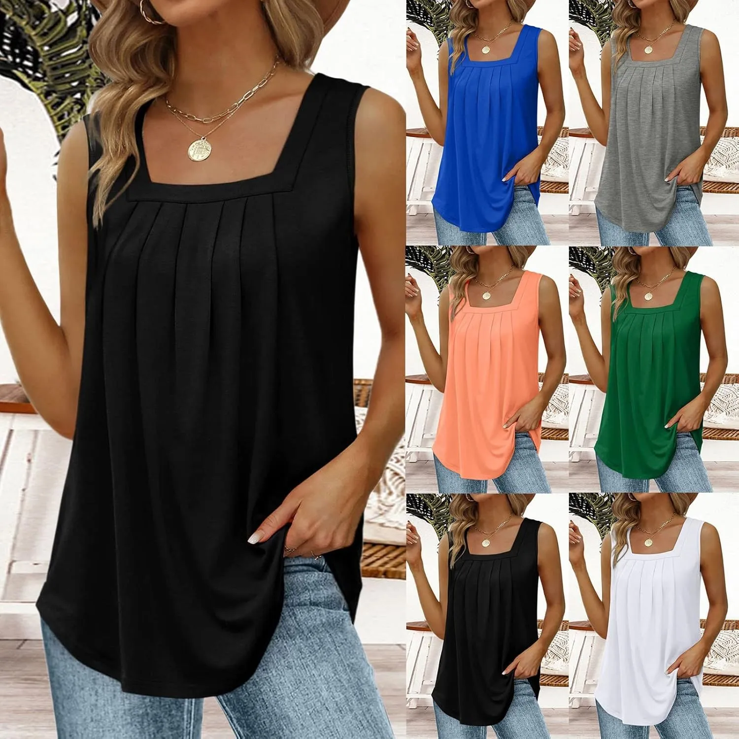 Tank Tops for Women 2025 Summer Loose Fit Pleated Square Neck Sleeveless Tops Curved Hem Flowy Tops for Women Boho