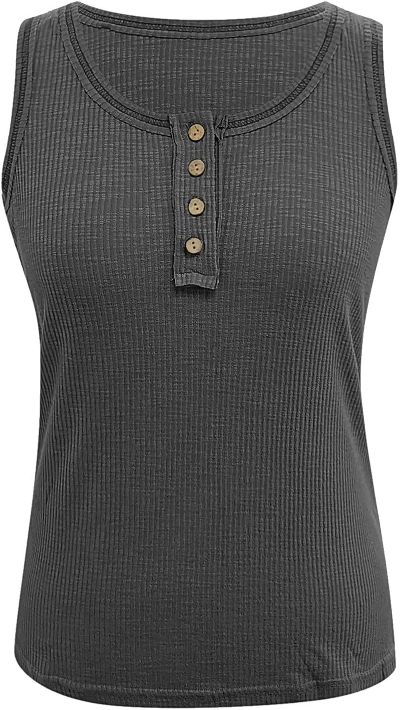 Tank Tops for Women Sleeveless Henley Tank Tops Ribbed V Neck Button Down T Shirts Summer Slim Fit Tee Tops